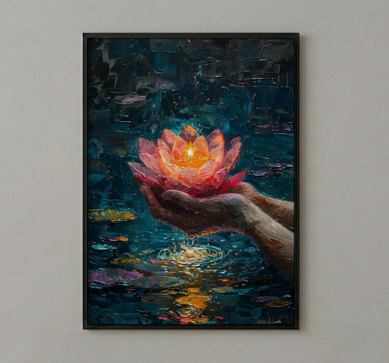 Lotus Flower Art, Spiritual Print, Buddhist Decor, Impasto Oil Painting, Floating Candle, Peace Gift, Wedding Gift