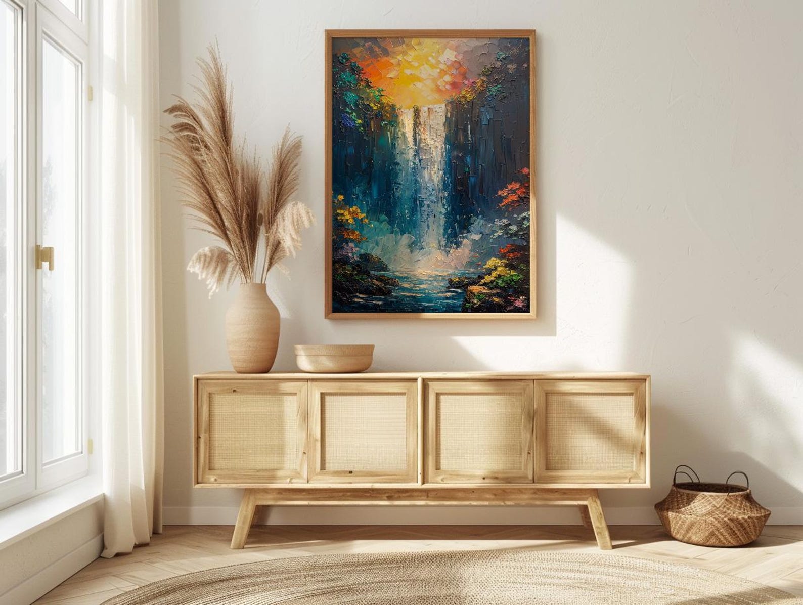 Victoria Falls Rainbow Wall Art, Tropical Waterfall Landscape - Textured Impasto Oil Painting — view 4