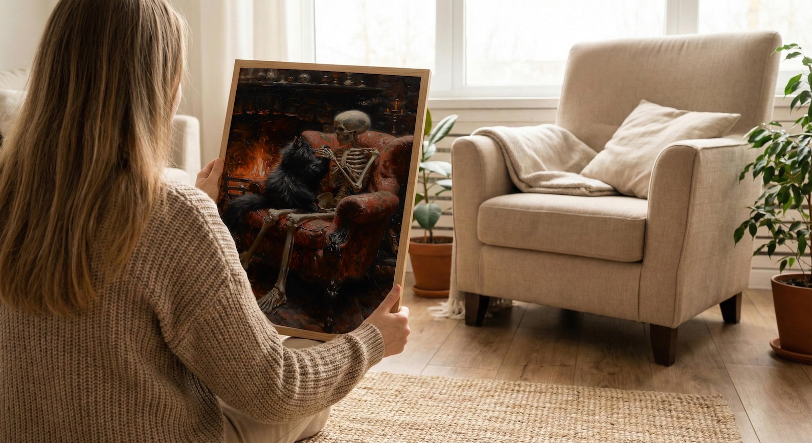 Skeleton with Cat Art, Black Cat Print, Cozy Gothic Decor, Impasto Oil Painting, Fireplace Scene, Cat Lover Gift, Whimsical Art — view 6