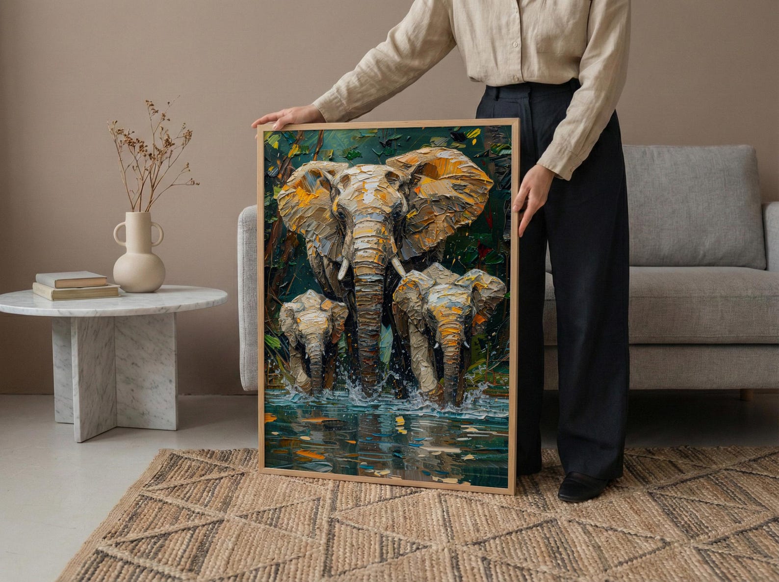 African Elephant Art Print, Lush Lake Decor - Summer Nature Landscape — view 6