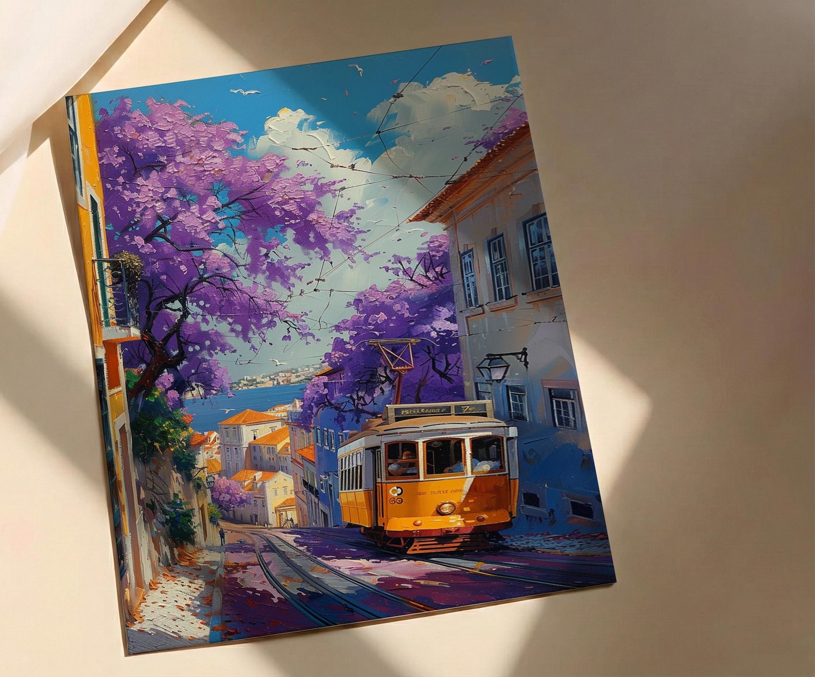 Lisbon Jacaranda Tram Poster, Purple Spring Street Decor - Palette Knife Painting Style — view 2