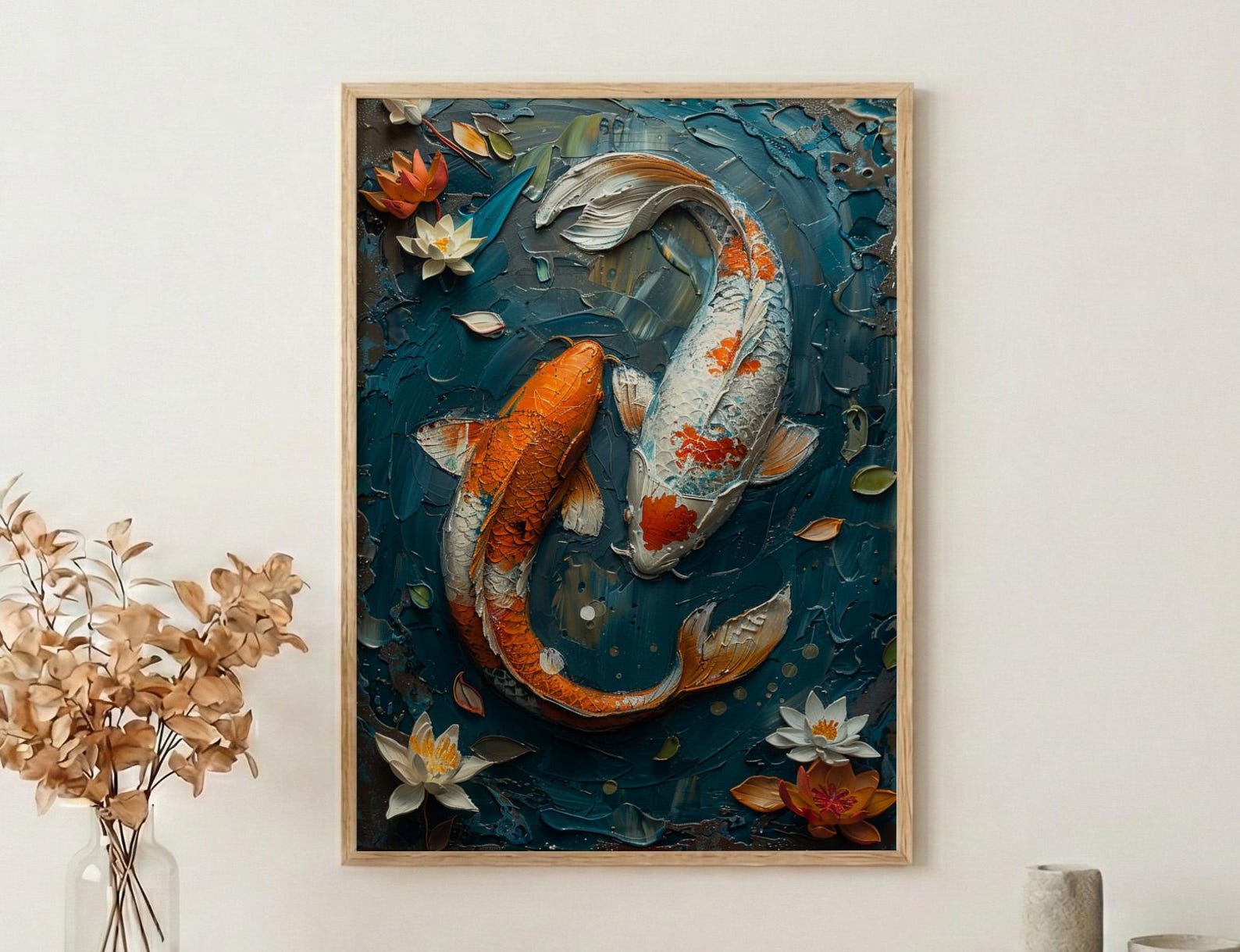 Koi Fish Art, Yin Yang Love, Pond Painting, Impasto Oil Painting, Feng Shui Decor, Zen Garden Print, Good Luck Gift