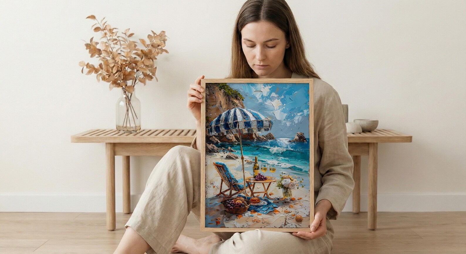 Coastal Wine Picnic Wall Art, Luxury Beach Ocean Decor - Striped Umbrella Summer Sun — view 6