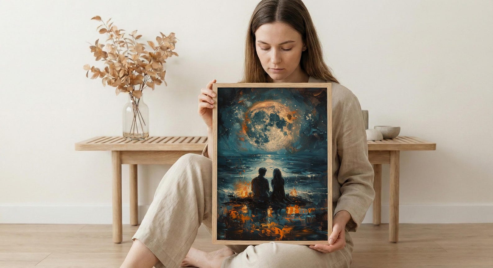 Full Moon Art Print, Witchy Ritual Poster, Mystical Bonfire Wall Art, Spiritual Couple Painting, Gothic Home Decor — view 6