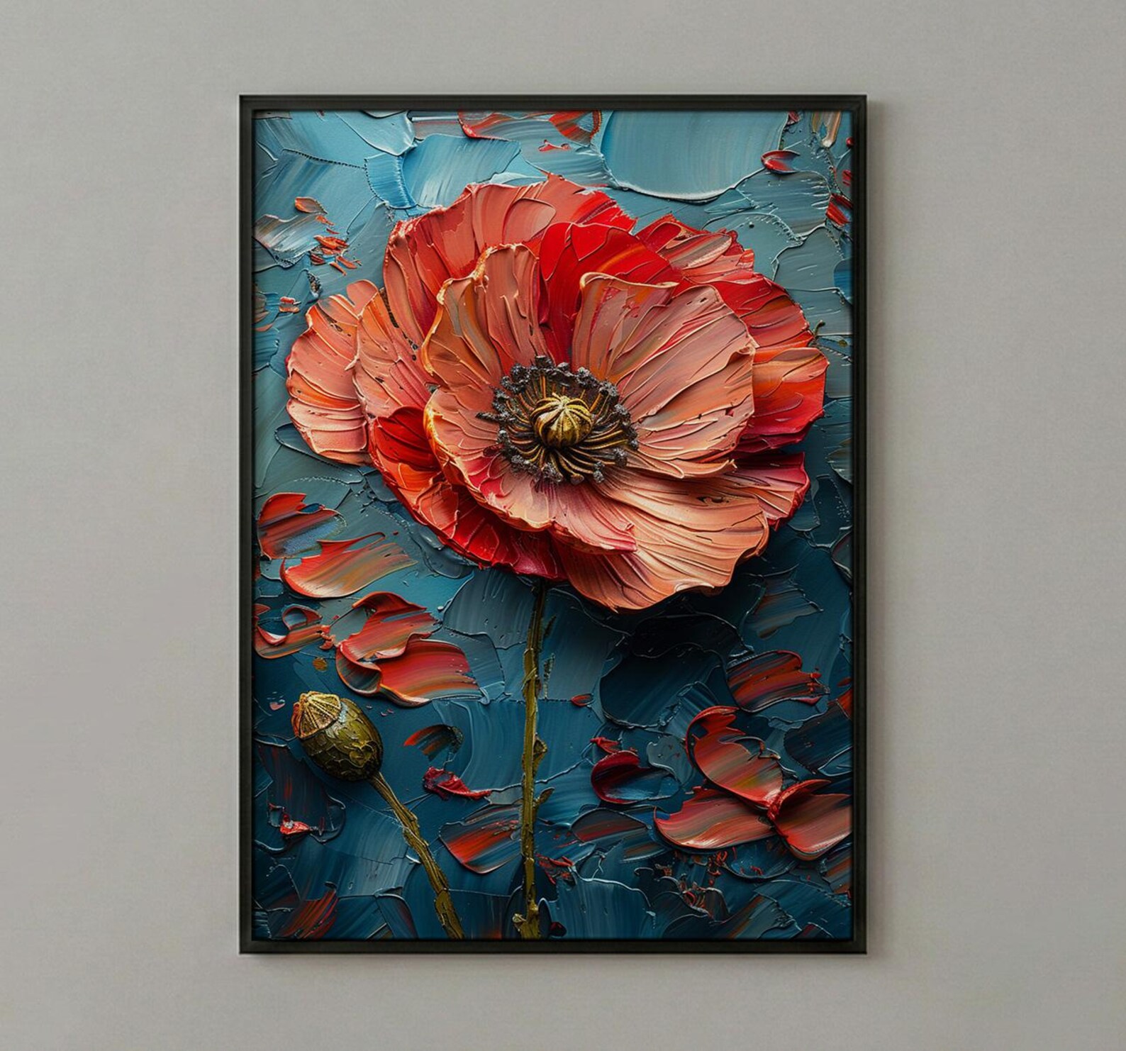 Red Poppy Flag Wall Art, Floral Patriotic Decor - Abstract Botanical Print — view 3