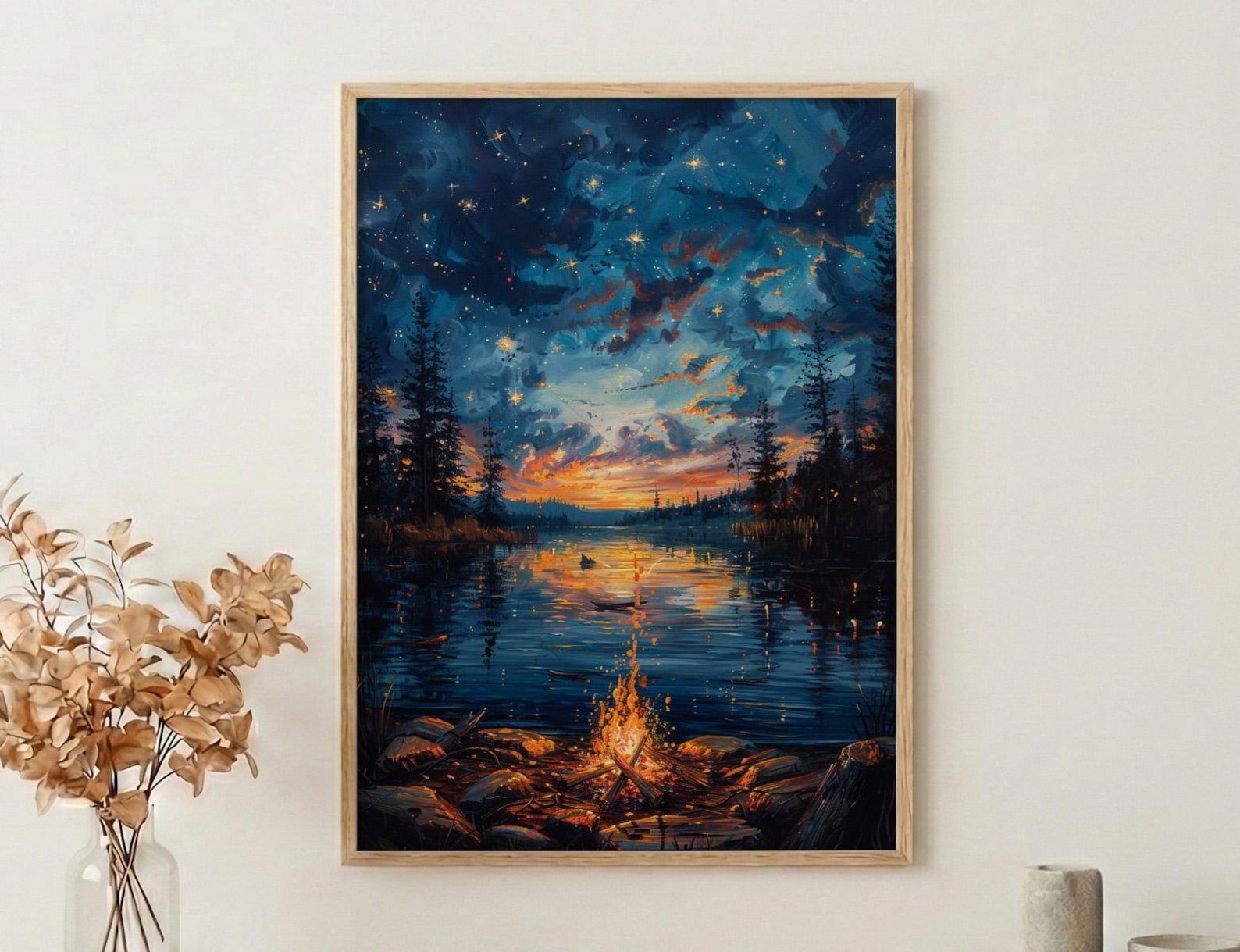 Lake Campfire Night Art Print, Cozy Outdoor Nature Decor - Glowing Orange Summer Star