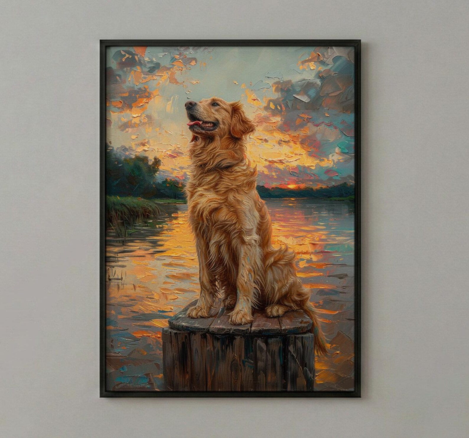 Golden Retriever Dock Wall Art, Lake House Rustic Decor - Bright Summer Sunrise Scene — view 2