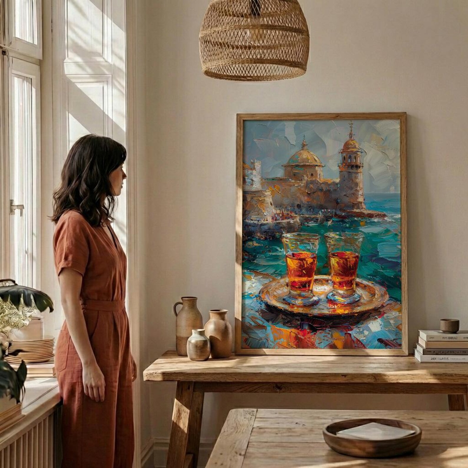 Turkish Tea Art, Istanbul Wall Decor, Bosphorus View, Impasto Oil Painting, Kitchen Print, Cultural Gift, Travel Lover Gift — view 3