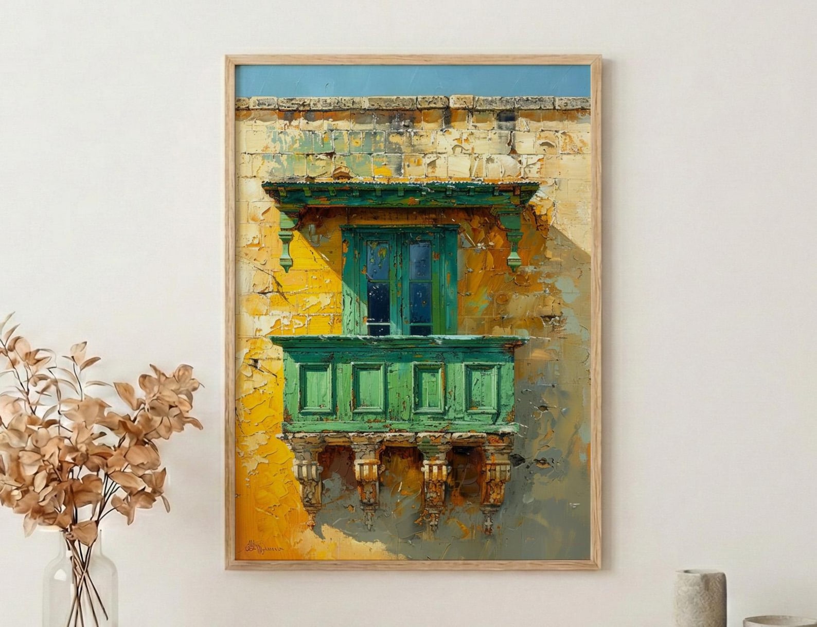Malta Wall Art, Valletta Print, Traditional Balcony, Impasto Oil Painting, Green and Yellow, Historic Decor