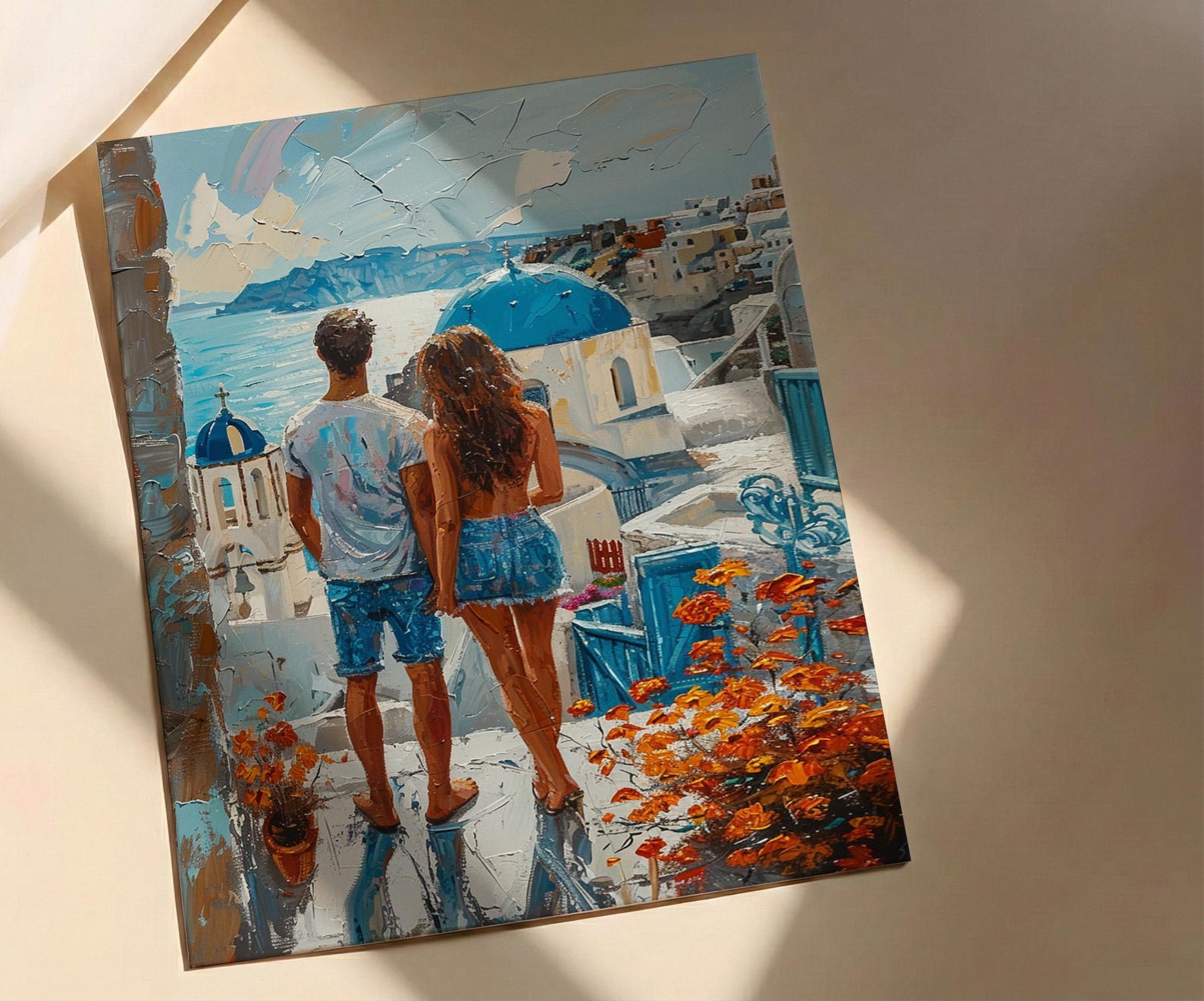 Santorini Poster, Greece Blue Dome Art Print, Honeymoon Wall Art, Romantic Sunset Painting, Mediterranean Decor — view 2