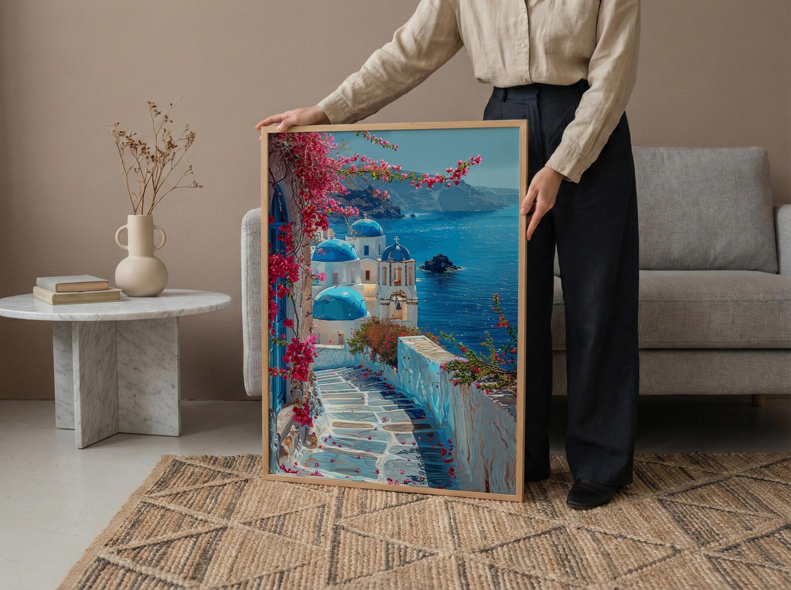 Santorini Wall Art, Greece Travel Print, Blue Domes, Impasto Oil Painting, Summer Romance, Honeymoon Gift, Greek Island Decor — view 6
