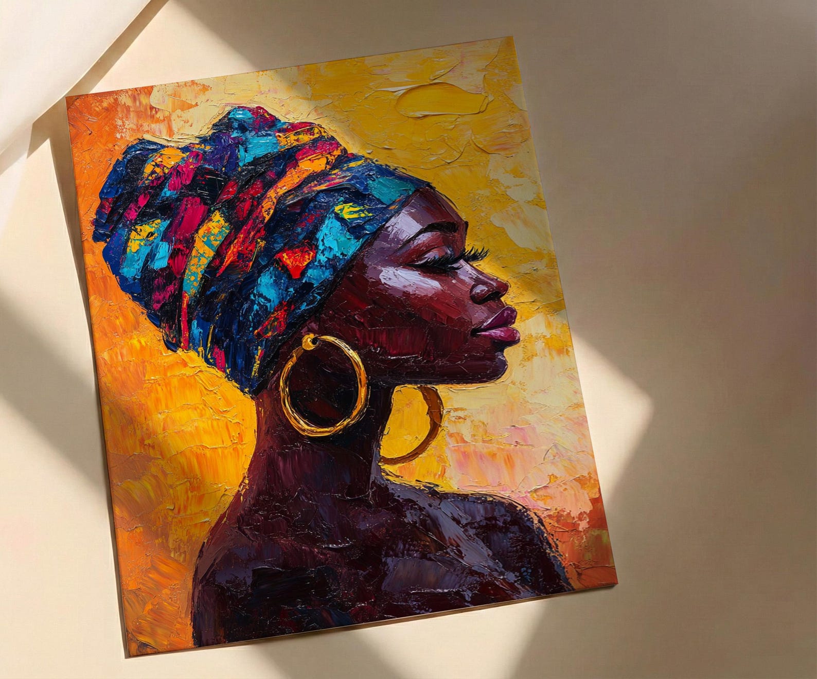 African Woman Oil Painting Poster, Colorful Headwrap Art Print, Gold Earrings Wall Art, Impasto Style Portrait, Vibrant Decor — view 4