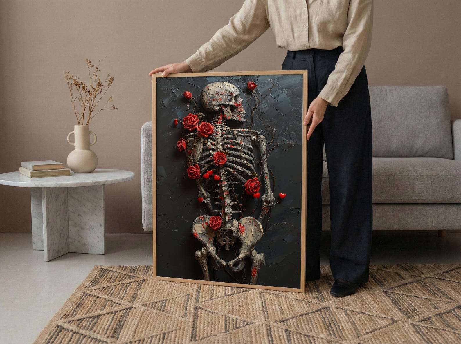 Skeleton Ribcage Art, Floral Anatomy Print, Dark Academia Decor, Impasto Oil Painting, Red Roses, Gothic Garden, Medical Art — view 5