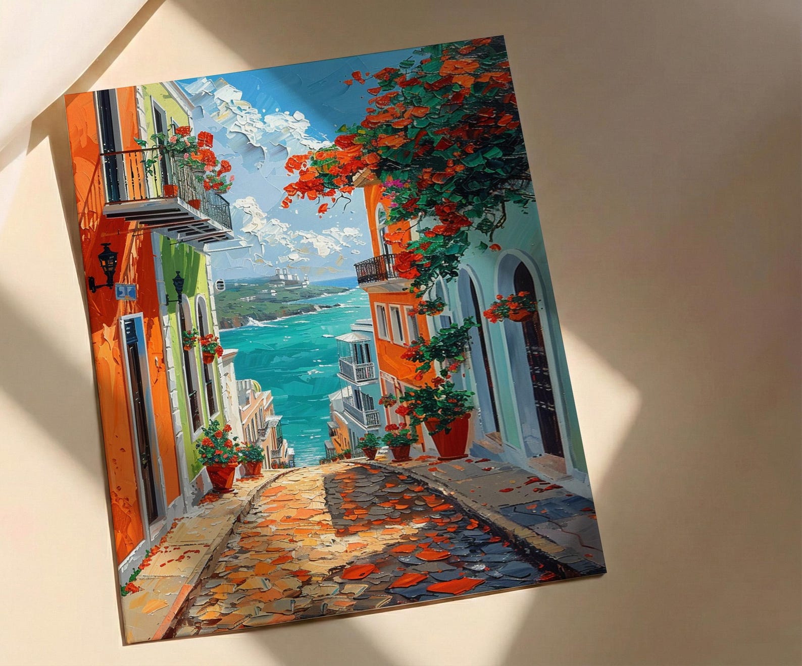 Puerto Rico Wall Art, Old San Juan Print, Colorful Street, Impasto Oil Painting, Orange House Decor, Caribbean Gift — view 2