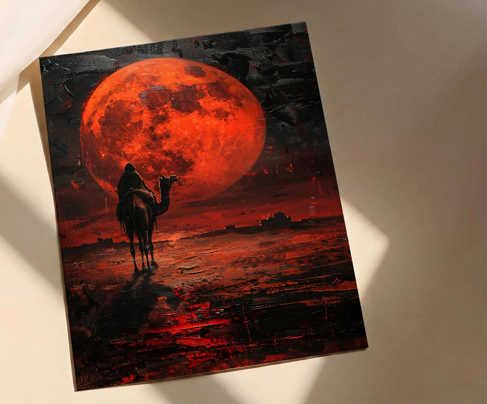 Rajasthan Art, Thar Desert Print, Camel Silhouette, Impasto Oil Painting, Red Moon, Folk Decor, Wedding Gift — view 5