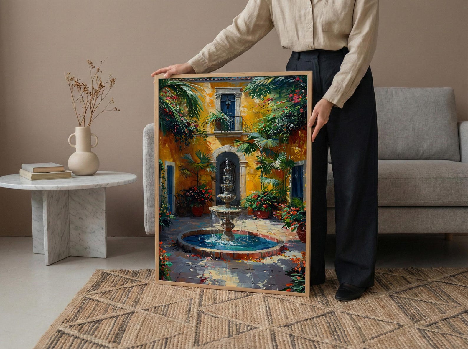 Sunlit Colonial Courtyard Poster, Mexican Hacienda Home Decor - Stone Fountain Tropical Plant Summer — view 5