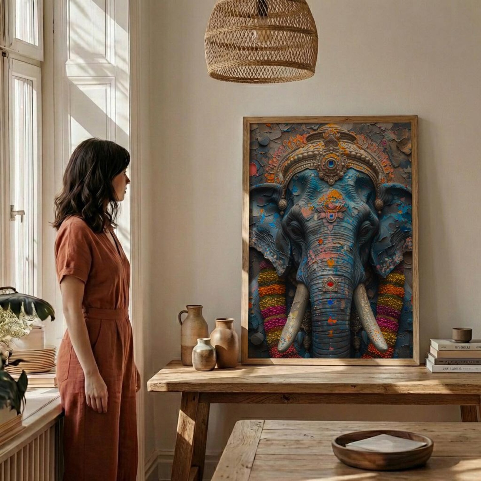 Elephant Art Print, Temple India Decor, Cultural Blessing, Impasto Oil Painting, Painted Elephant, Good Luck Gift, Baby Shower Gift — view 4