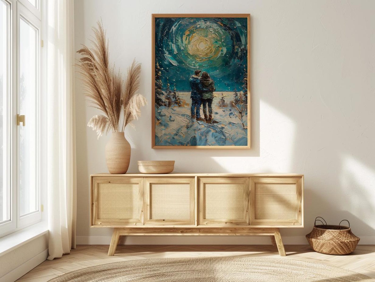 Alaska Wall Art, Northern Lights Couple Print, Aurora Borealis Painting, Night Sky Decor, Romantic Winter Gift — view 3