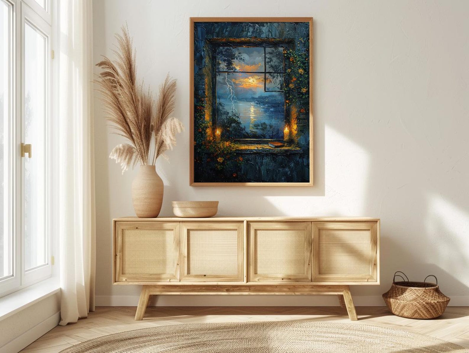 Gothic Art Print, Stormy Window Poster, Castle Wall Art, Burning Candles Decor, Dark Academia Romance Painting — view 3