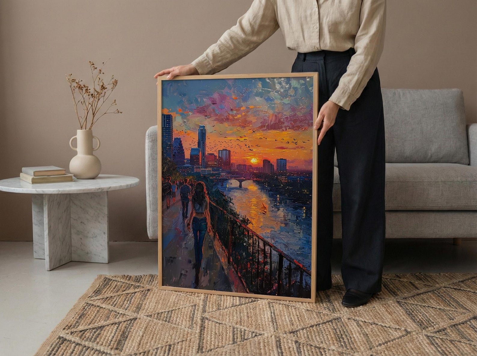 Austin City Skyline Art Print, Texas Summer Night Decor - Golden Sunset River Landscape — view 5