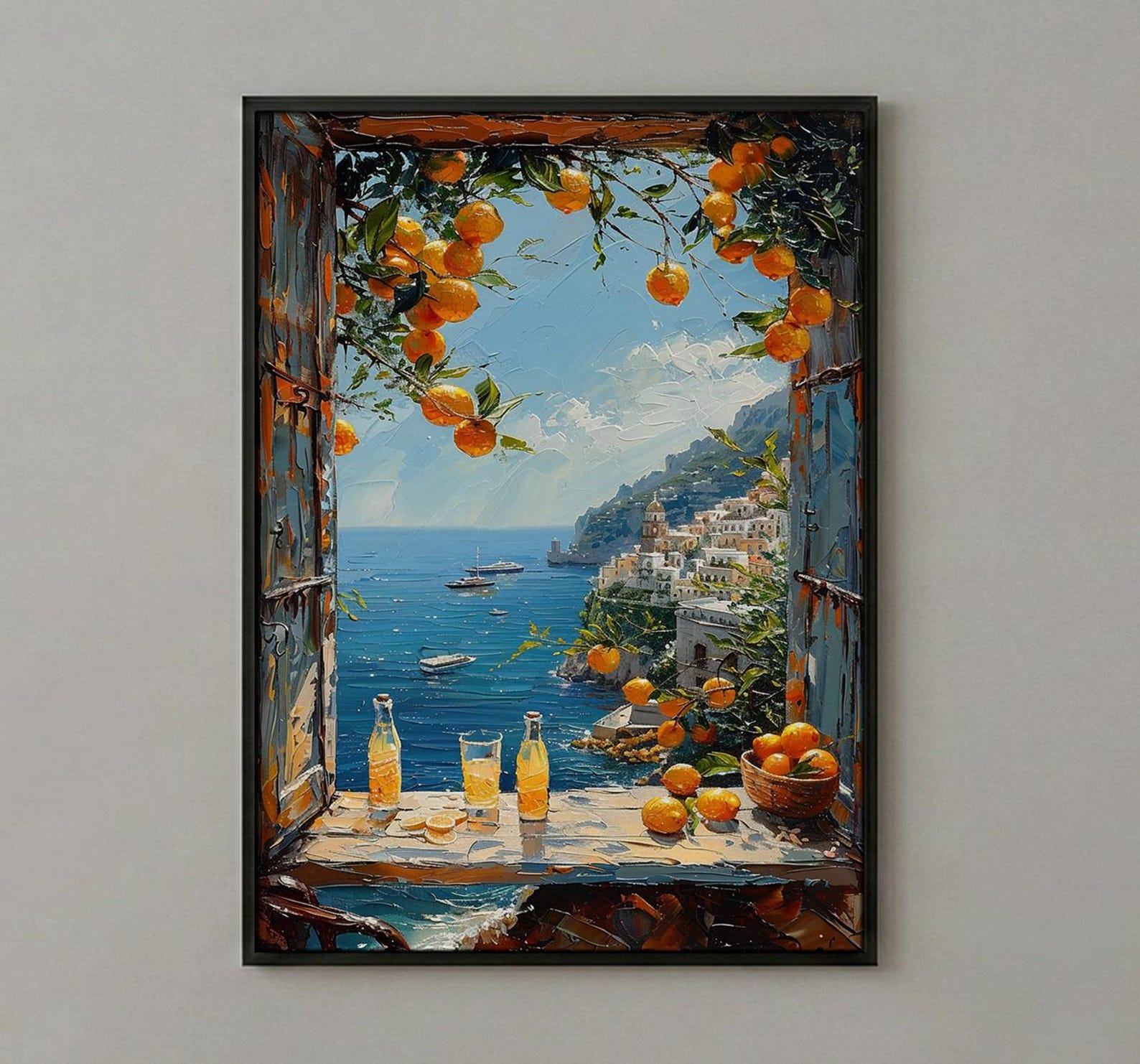 Amalfi Coast Poster, Italy Window Art Print, Limoncello Ocean Wall Art, Lemon Tree Painting, Sunny Coastal Decor — view 3