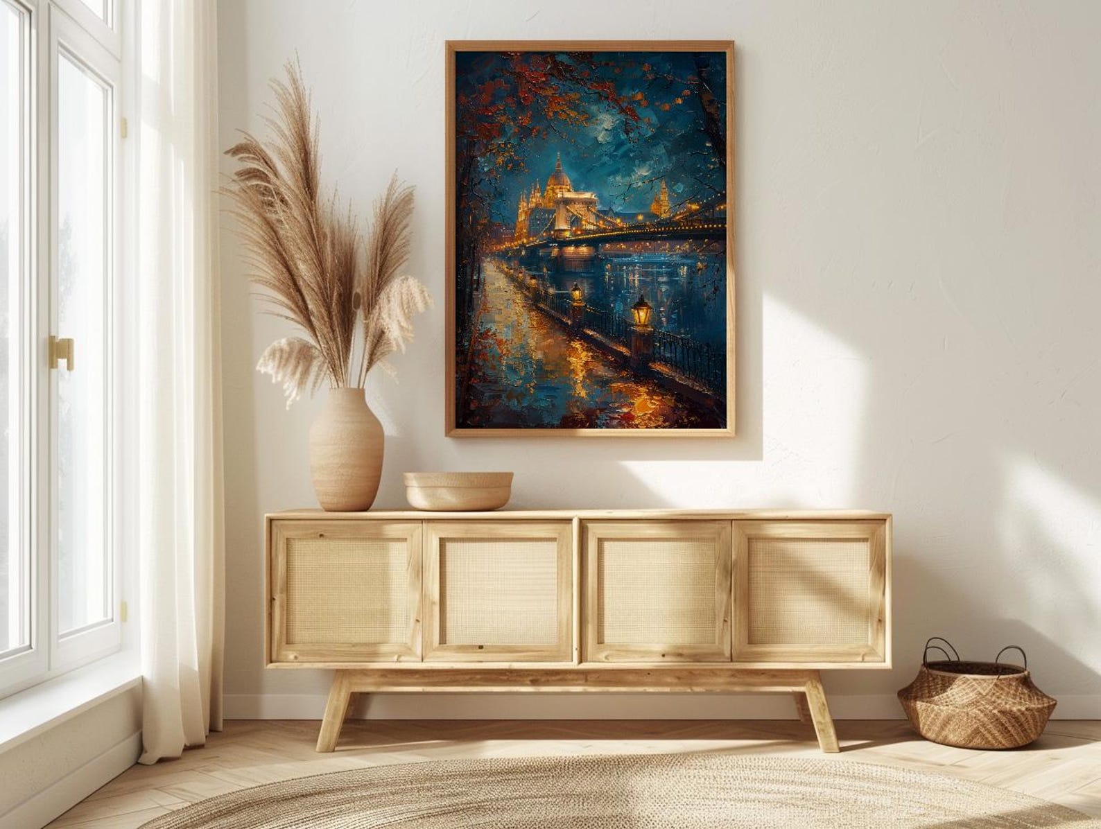Budapest Wall Art, Chain Bridge Print, Hungary Travel, Impasto Oil Painting, Night Cityscape, Golden Lights, Romantic View — view 3