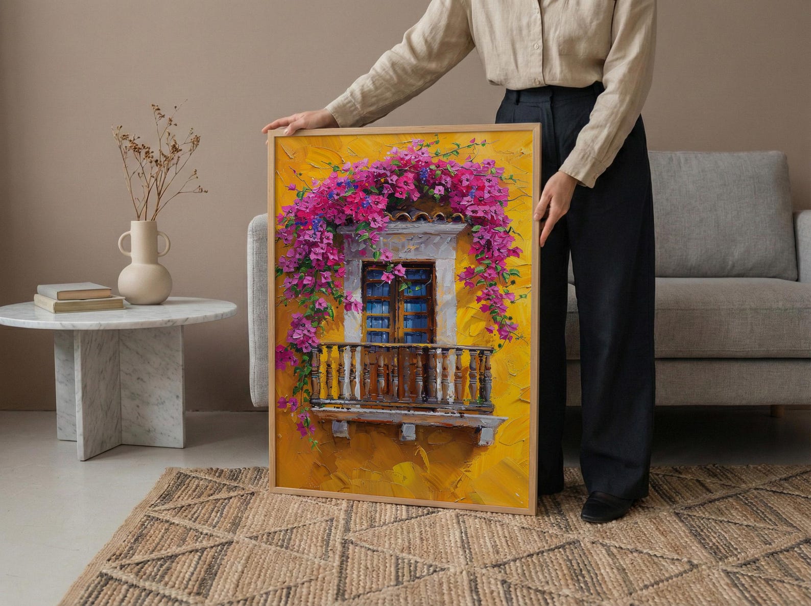 Cartagena Colombia Oil Painting Poster, Pink Bougainvillea Art Print, Yellow Wall Decor, Latin American Balcony Wall Art, Impasto Floral — view 5