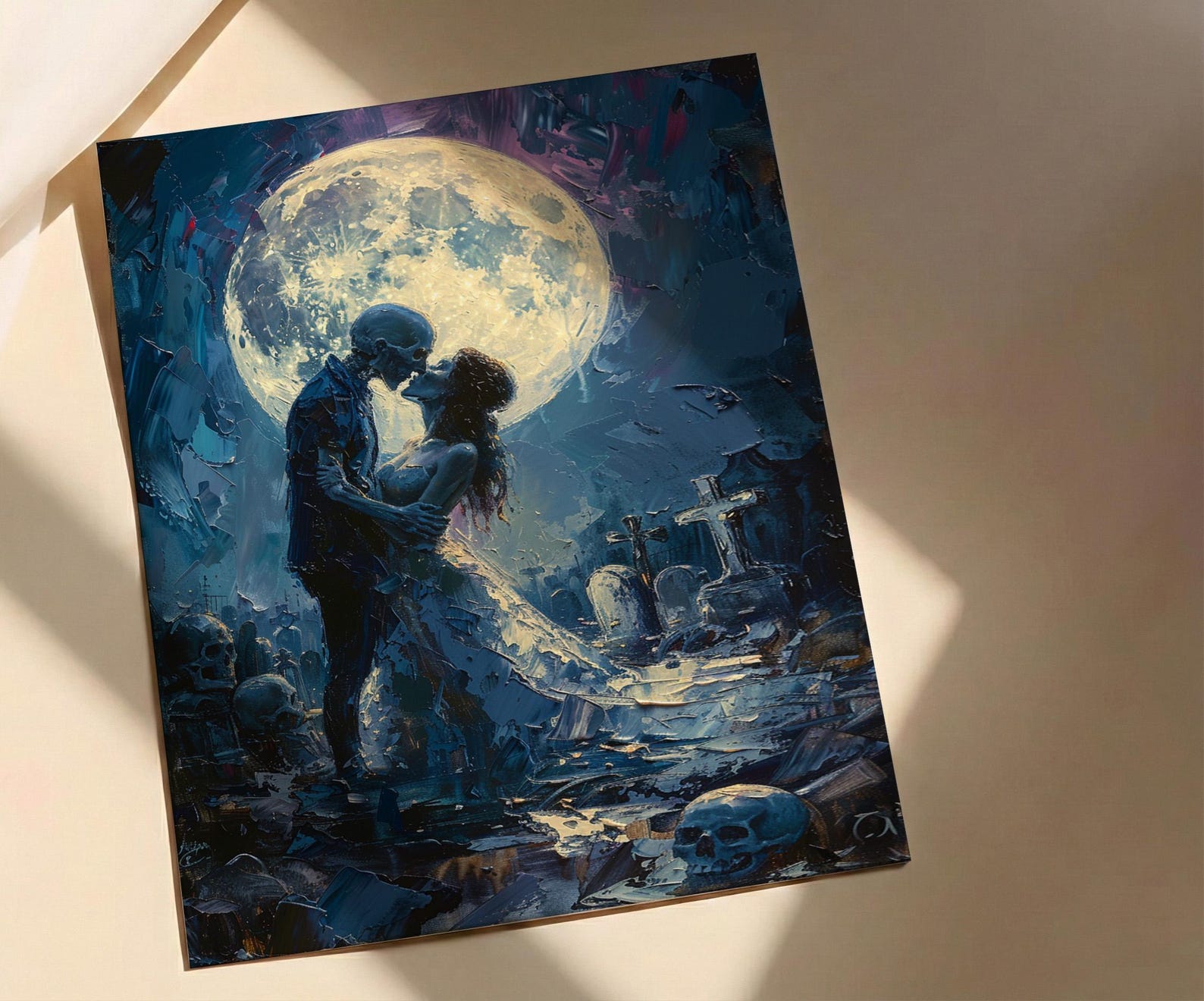 Skeleton Kiss Art, Full Moon Print, Gothic Romance Decor, Impasto Oil Painting, Night Sky, Cemetery Art, Dark Fantasy Love — view 2