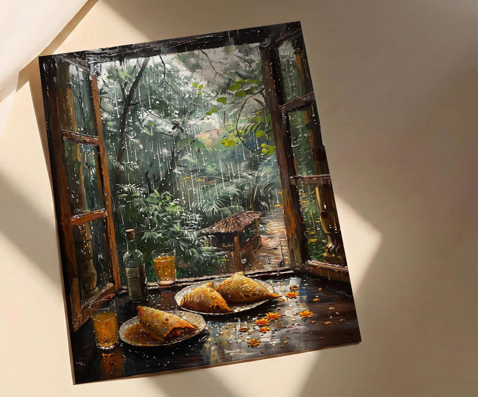 Monsoon Garden Poster, Rainy Window Decor - India Samosa Snack Art — view 4