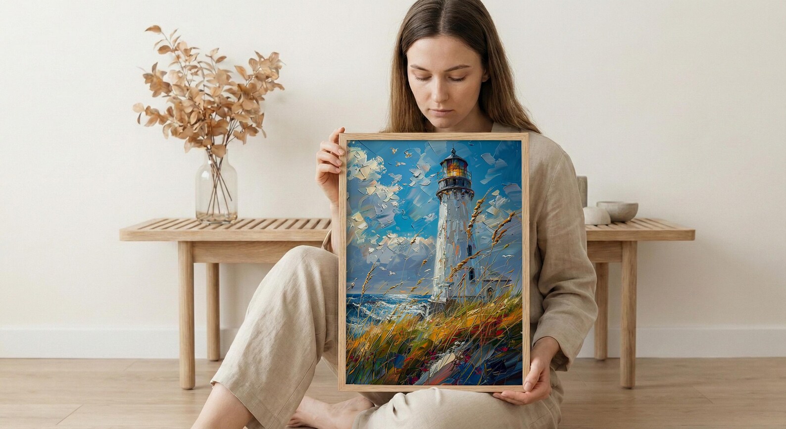 Lighthouse Seagrass Beach Wall Art, Classic Coastal Ocean Decor - White Tower Summer Wind — view 6