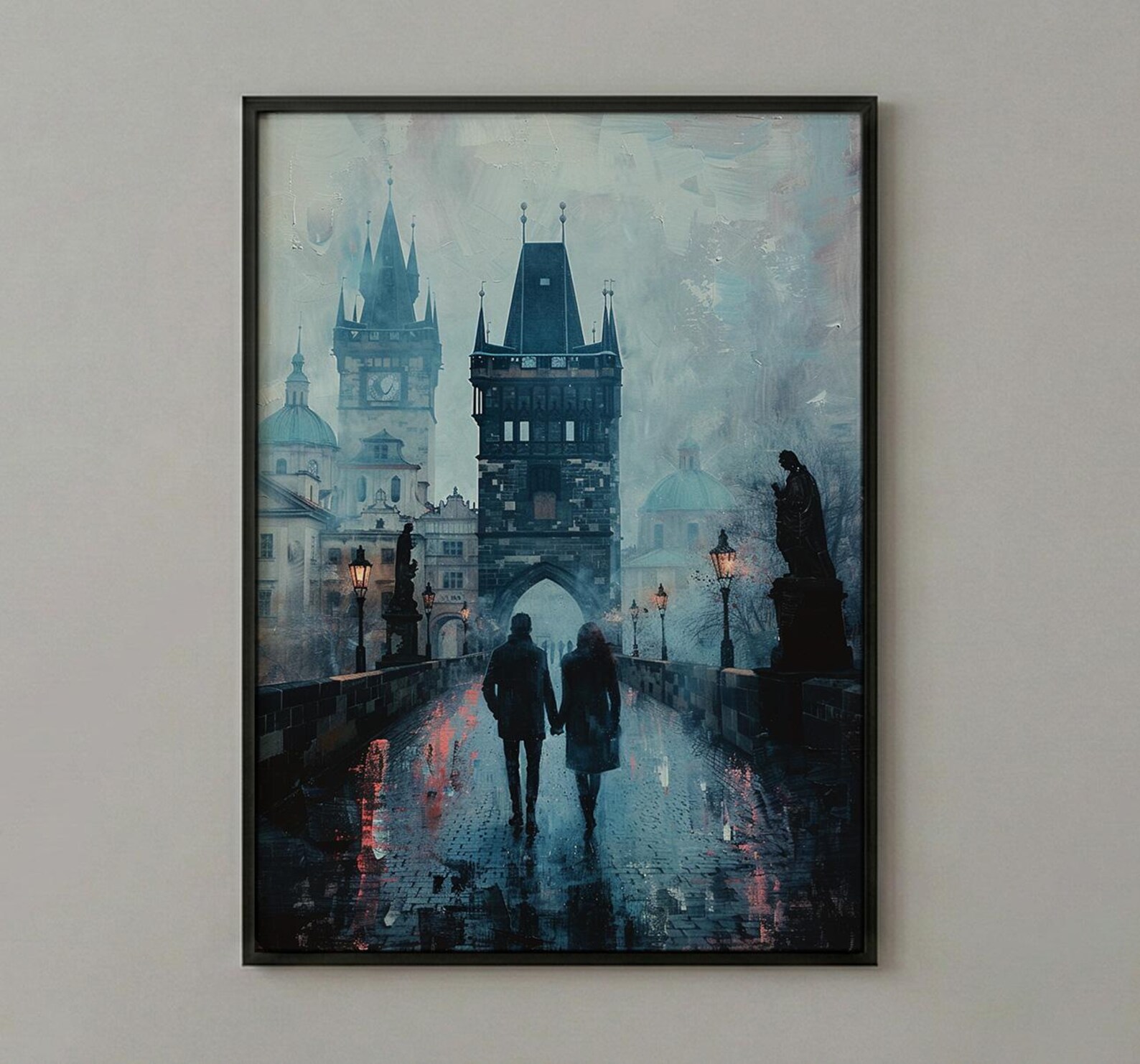 Prague Wall Art, Charles Bridge Print, Gothic Decor, Impasto Oil Painting, Foggy Morning, Moody Landscape, Dark Academia