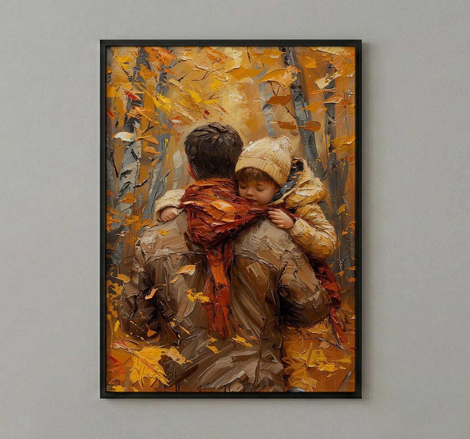 Father Carrying Child Poster, Autumn Park Decor - Peaceful Family Art — view 2