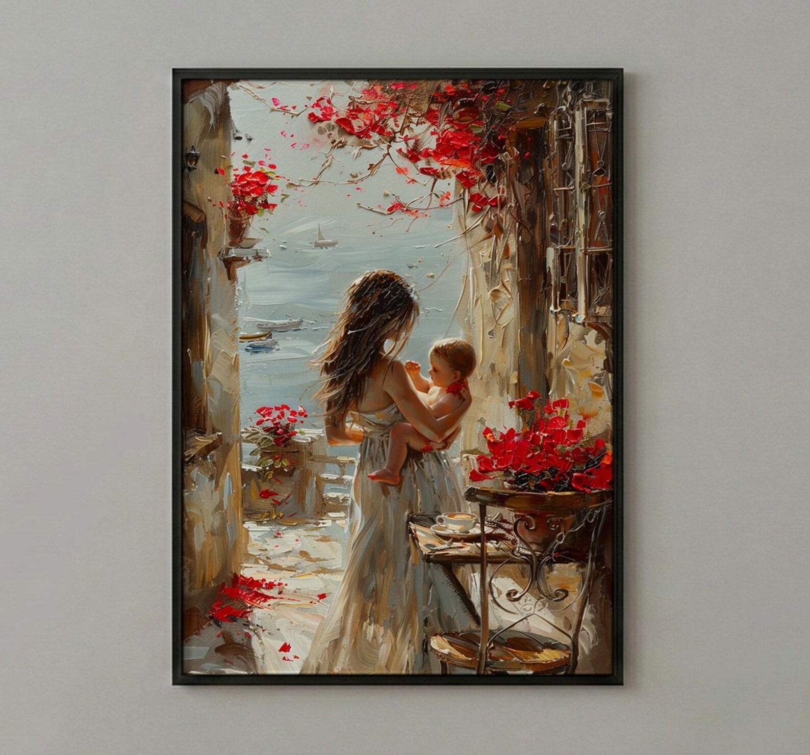 European Cafe Wall Art, Mother Baby Poster - Palette Knife Painting Style — view 3