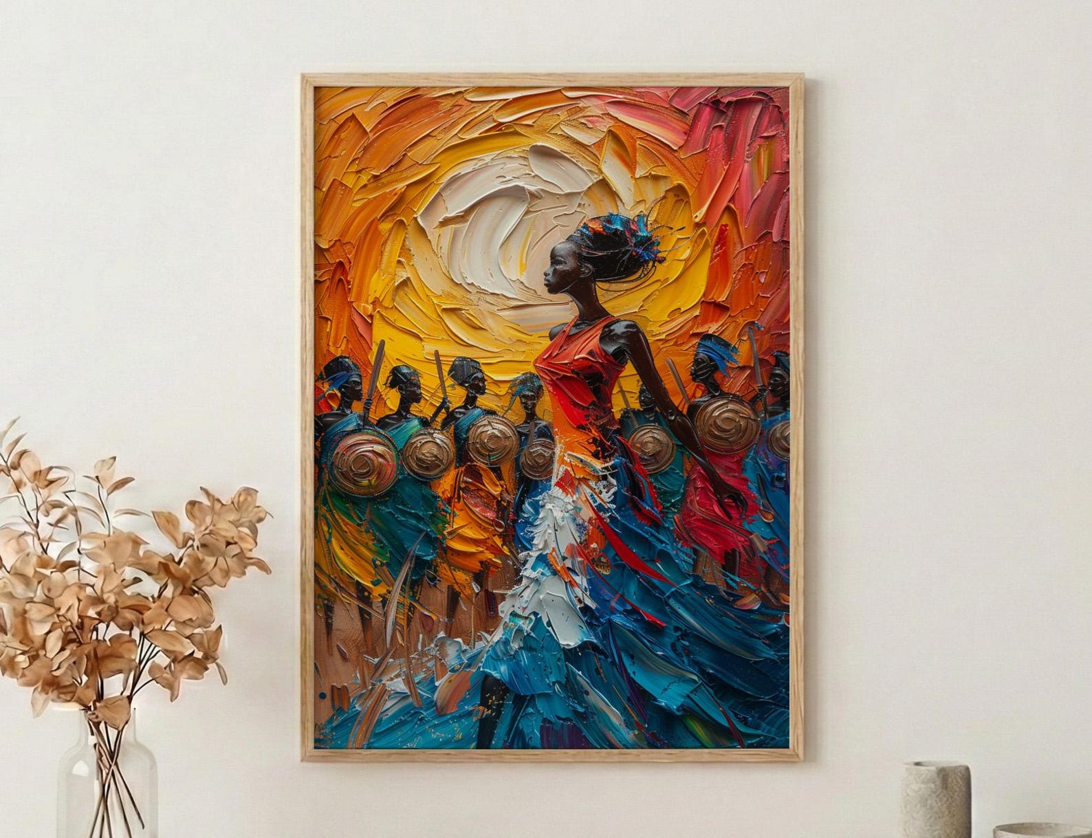 Zulu Dance Wall Decor, Serengeti Village Print - Thick Oil Painting Style