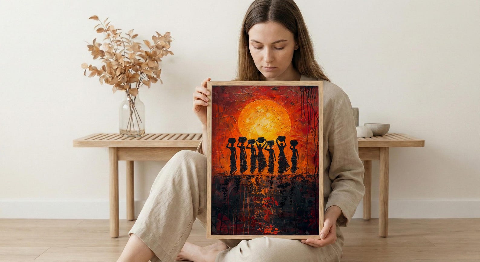 African Women Oil Painting Print, Tribal Sunset Poster, Red Orange Impasto Wall Art, Cultural Silhouette, Heavy Texture Look Art — view 6
