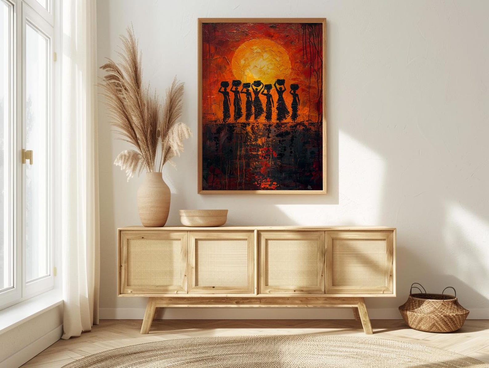 African Women Oil Painting Print, Tribal Sunset Poster, Red Orange Impasto Wall Art, Cultural Silhouette, Heavy Texture Look Art — view 2