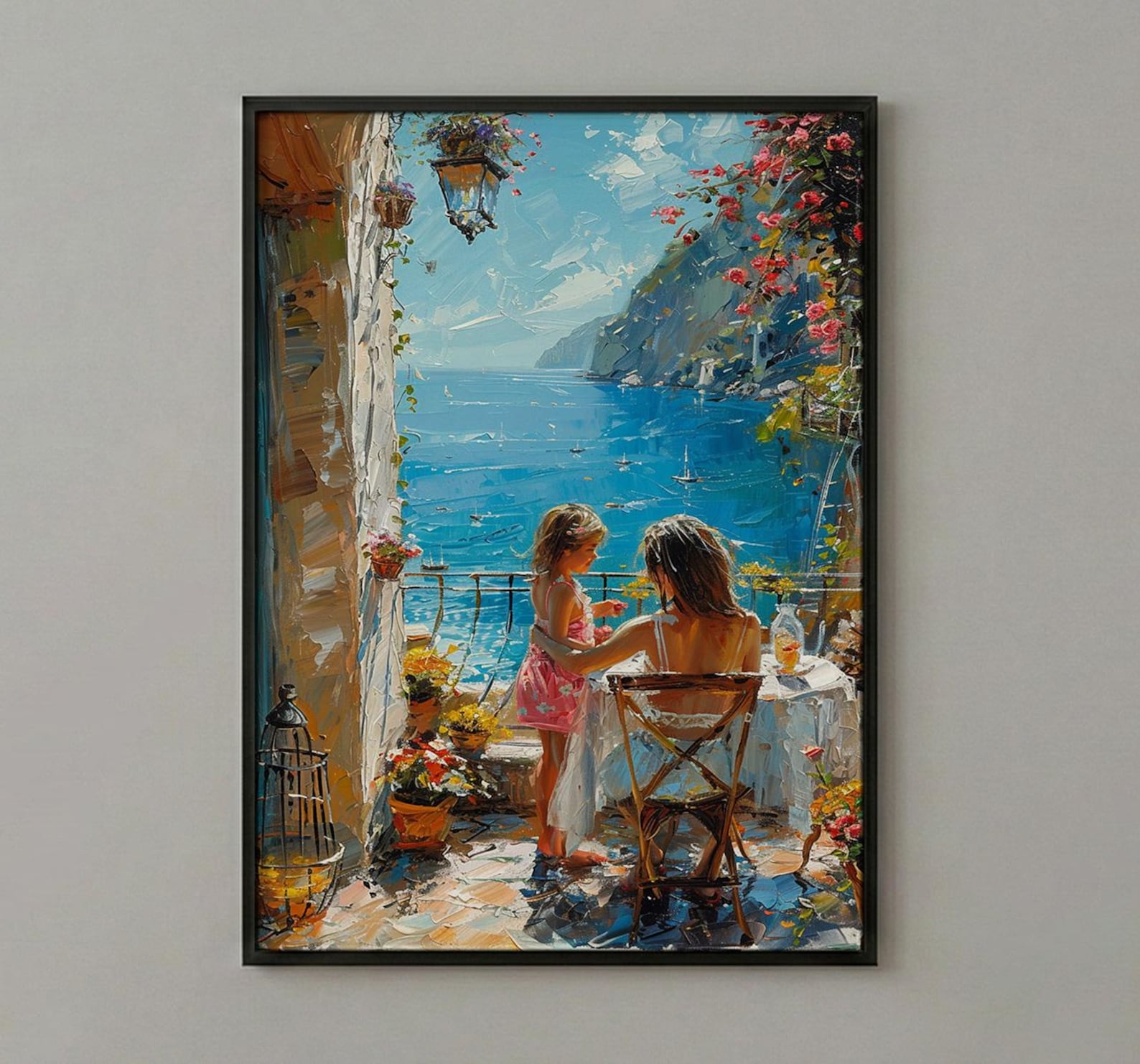 Mediterranean Cafe Wall Art, Mother Child Art Print - Thick Oil Painting Style — view 3