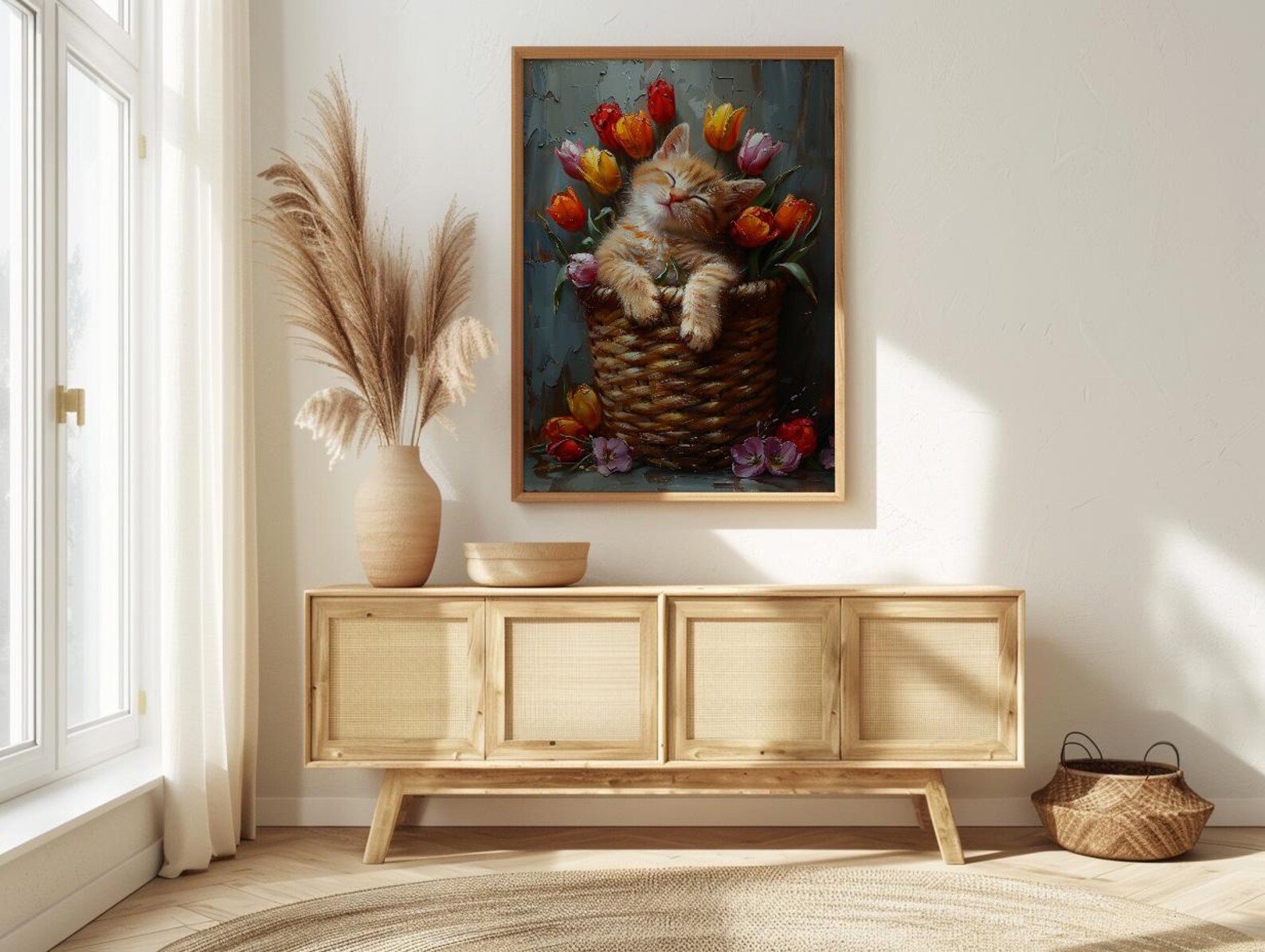 Sleeping Kitten Nursery Wall Art, Spring Tulip Print - Playroom Decor — view 3