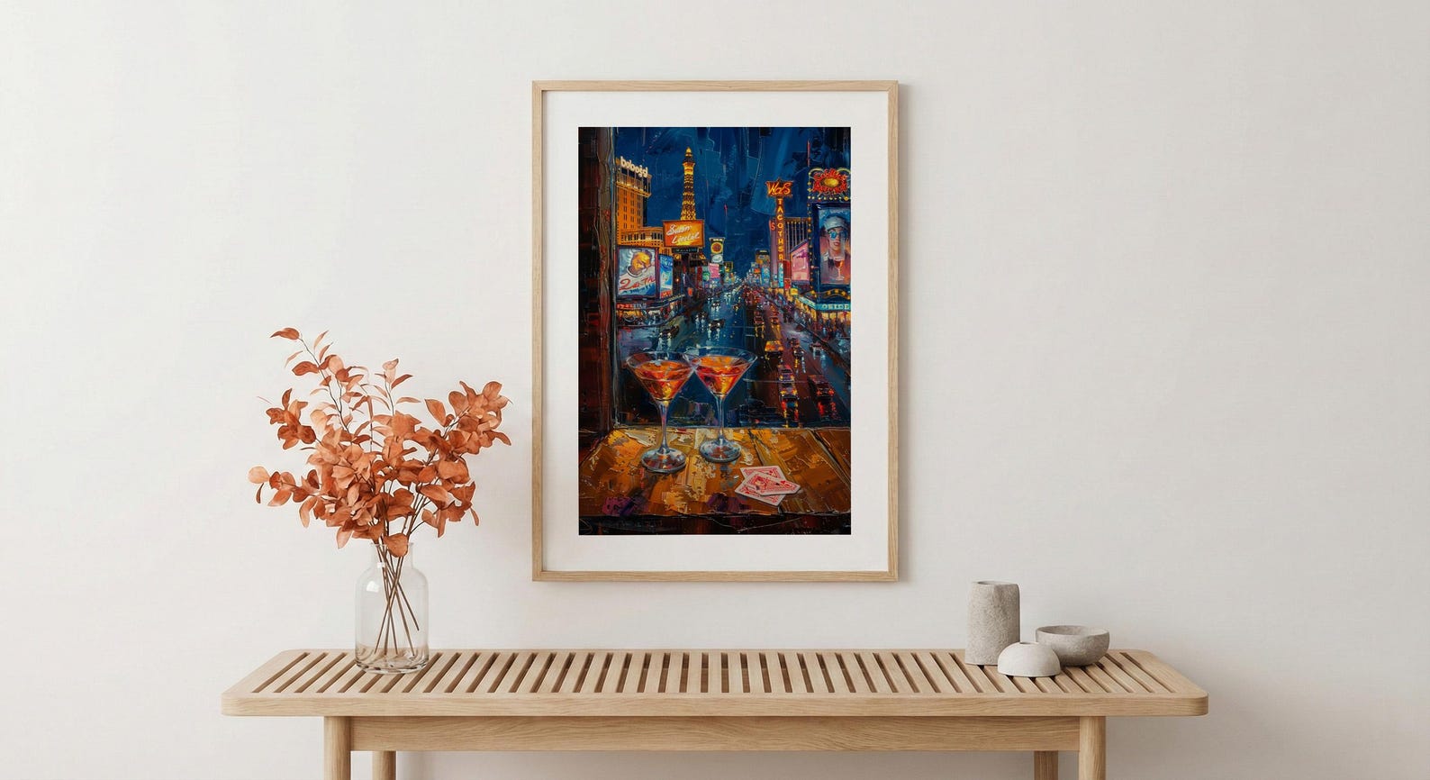 Las Vegas Wall Art, Open Window View, Neon Night City Print, Casino Bar Decor, Impasto Oil Painting — view 5