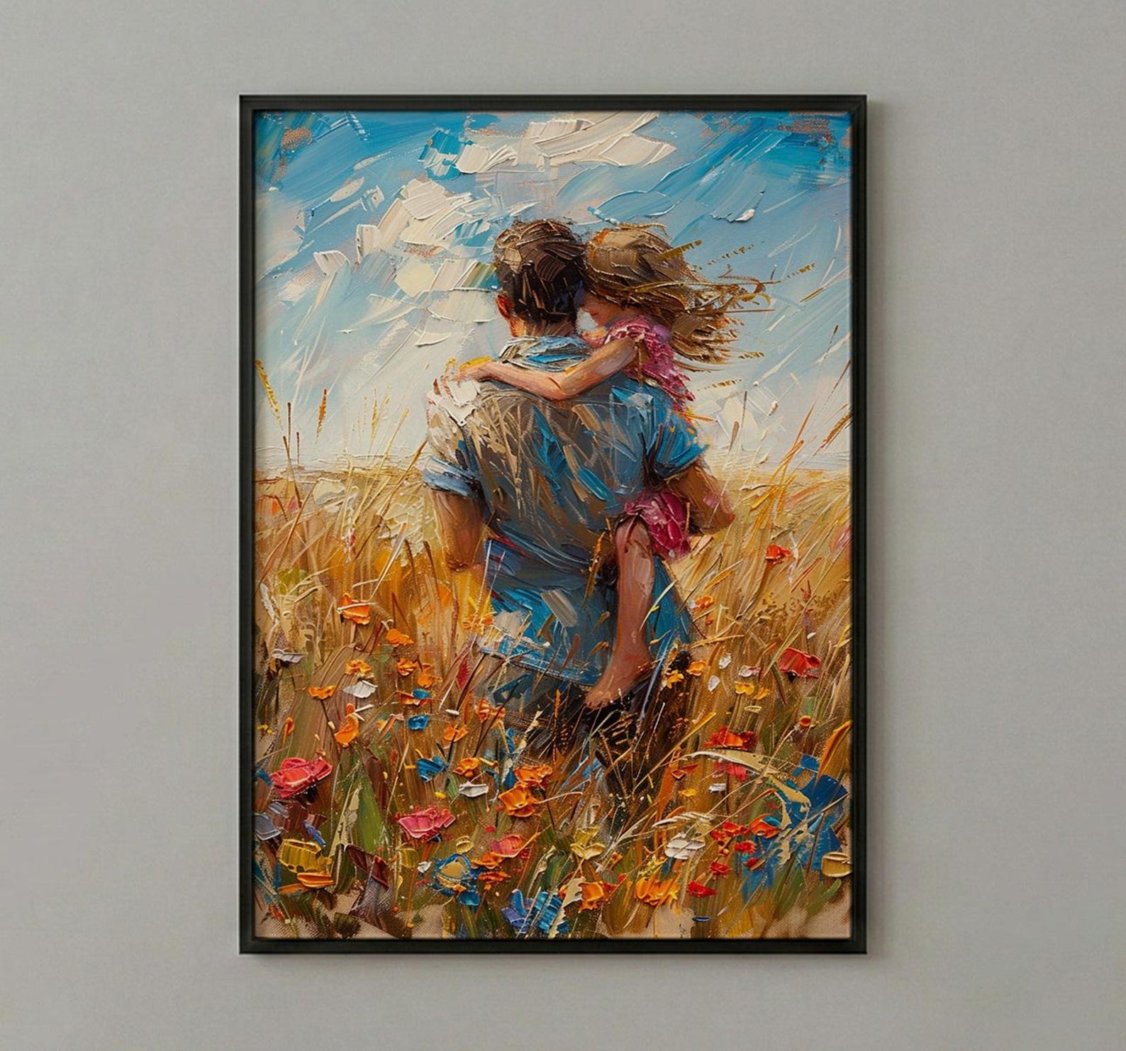 Father Piggyback Ride Art Print, Summer Field Decor - Joyful Family Poster — view 2