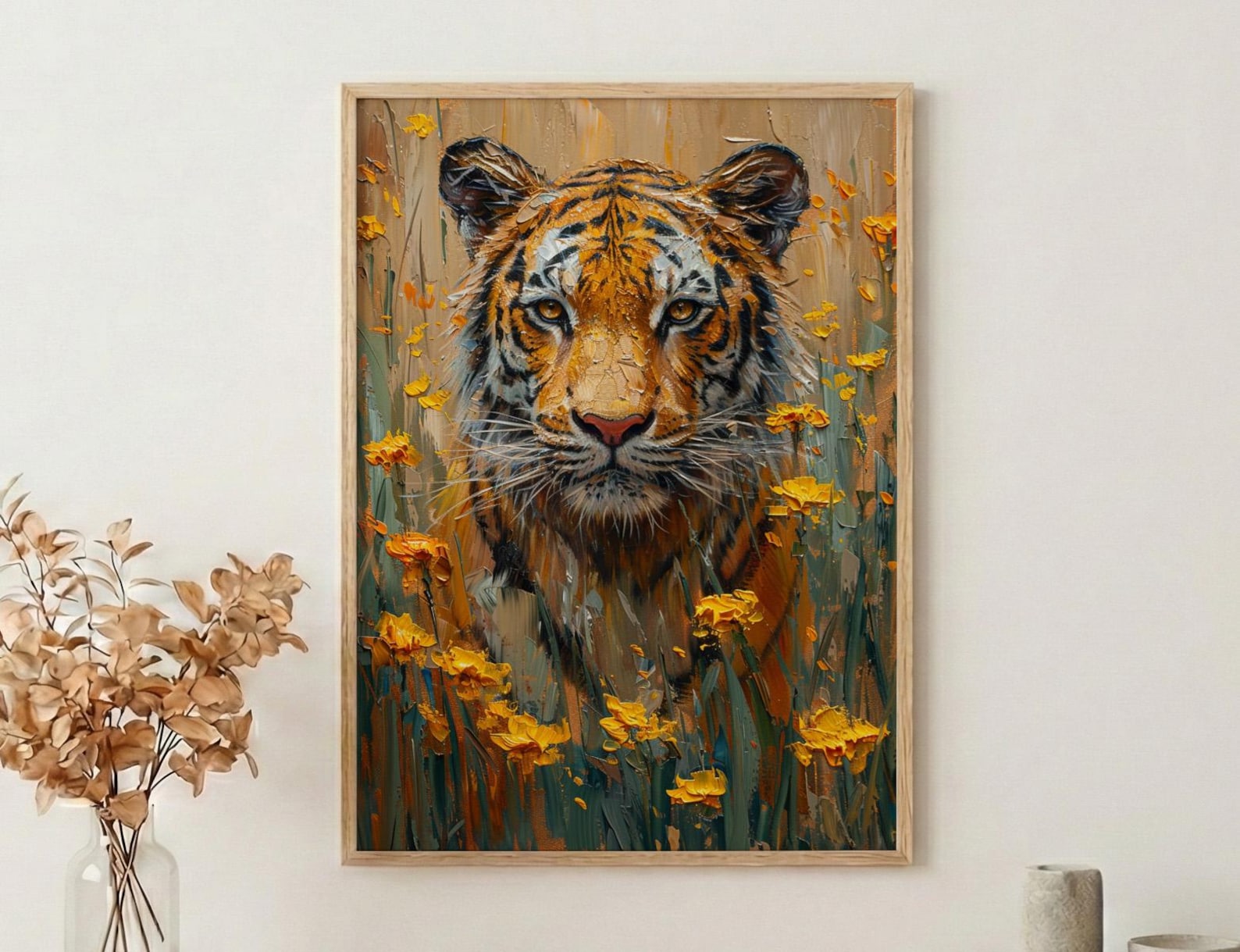 Bengal Tiger Art Print, Yellow Mustard Spring Field - Housewarming Gift
