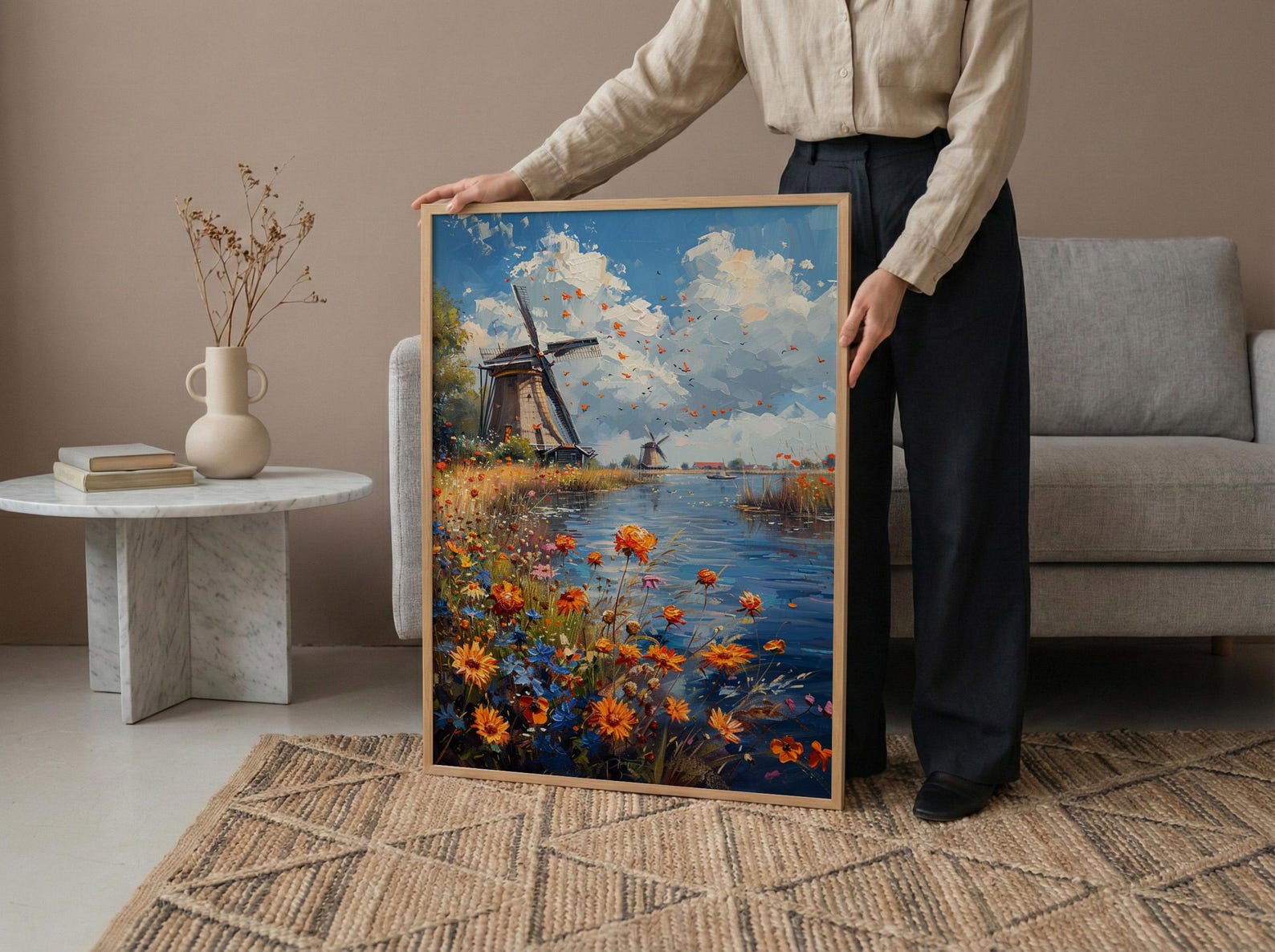 Dutch Windmill Art, Netherlands Decor - Historic Canal Print — view 5