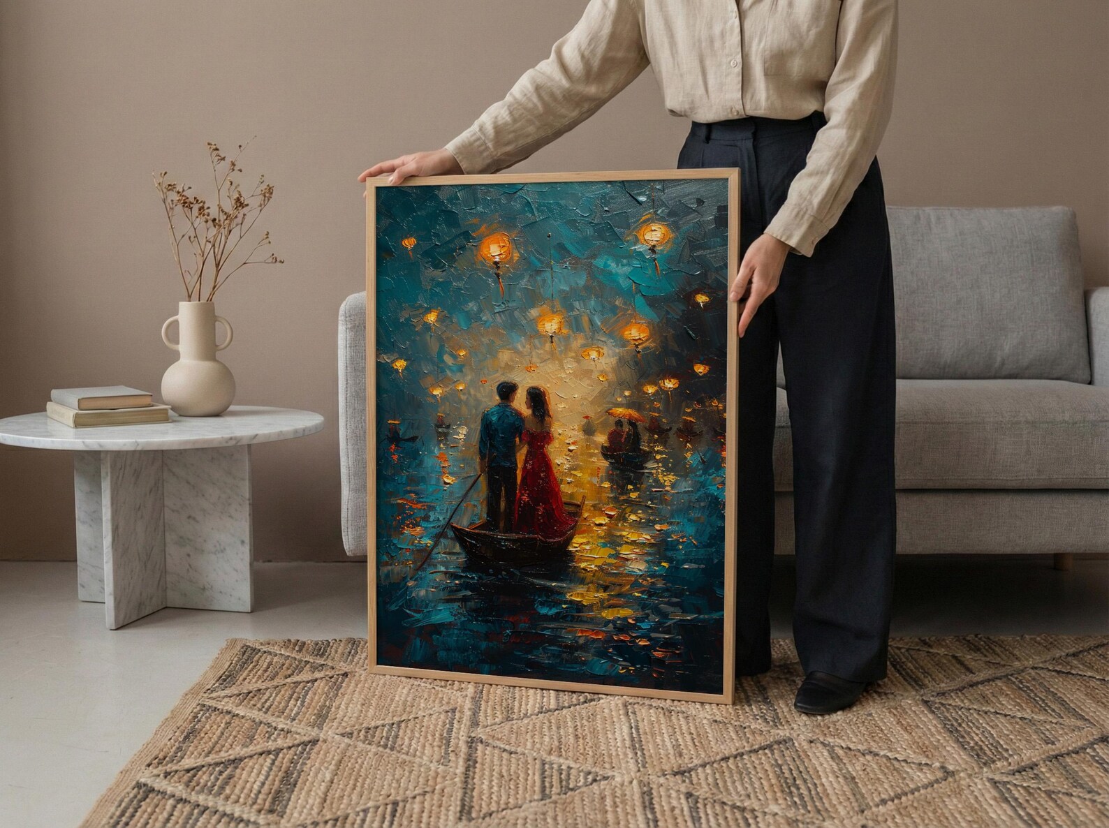 Vietnam Boat Procession Art, Romantic River Decor - Thick Oil Painting Style — view 6