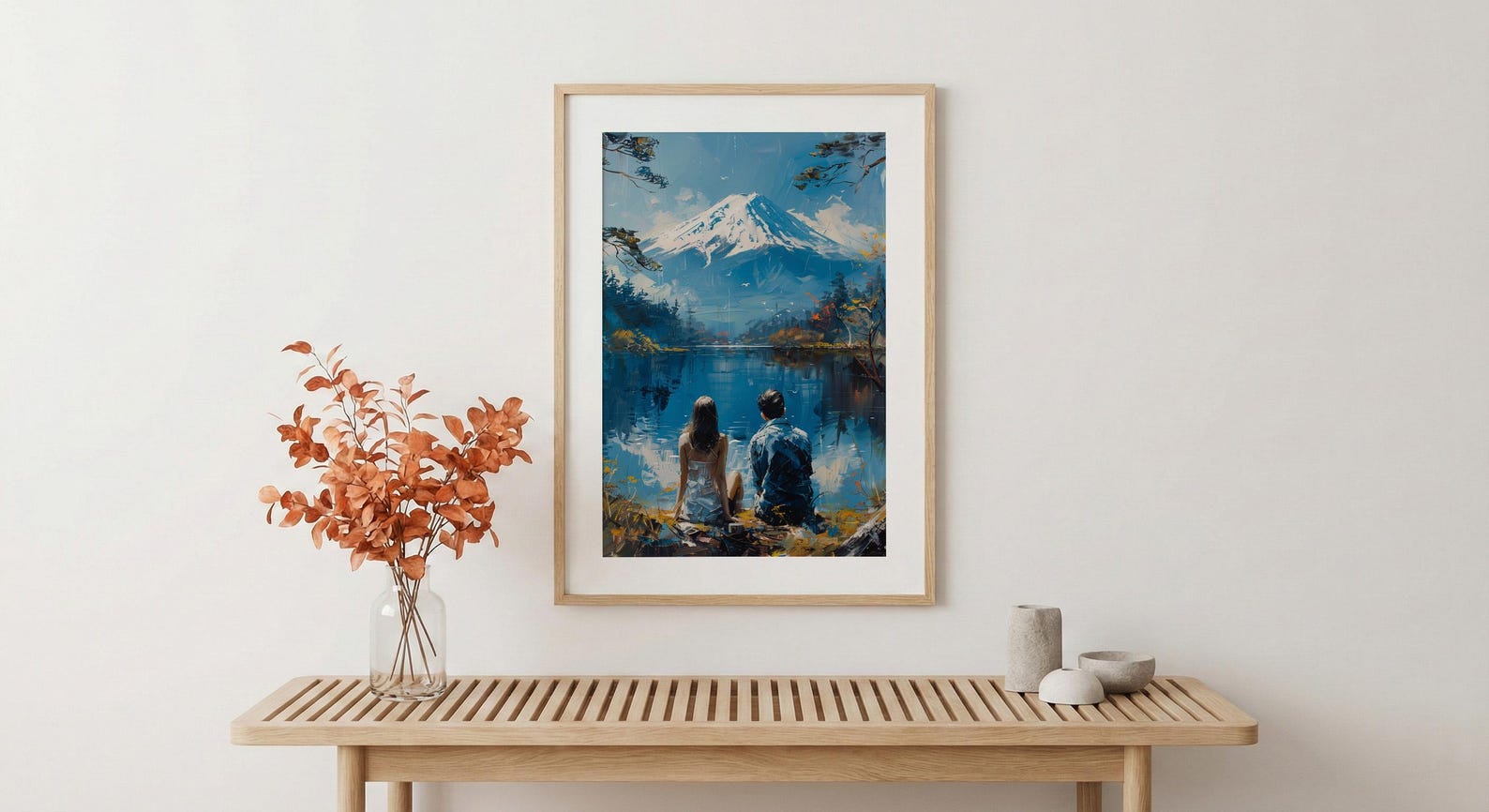 Mount Fuji Poster, Japan Lake Art Print, Serene Nature Wall Art, Peaceful Couple Painting, Zen Asian Decor — view 5