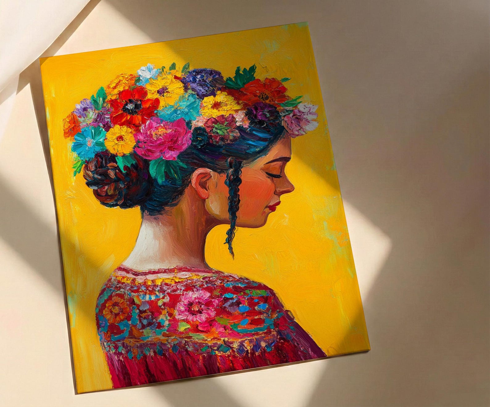 Latin American Woman Oil Painting Poster, Mexican Folklore Art Print, Colorful Floral Headdress Wall Art, Yellow Decor, Impasto Portrait — view 4
