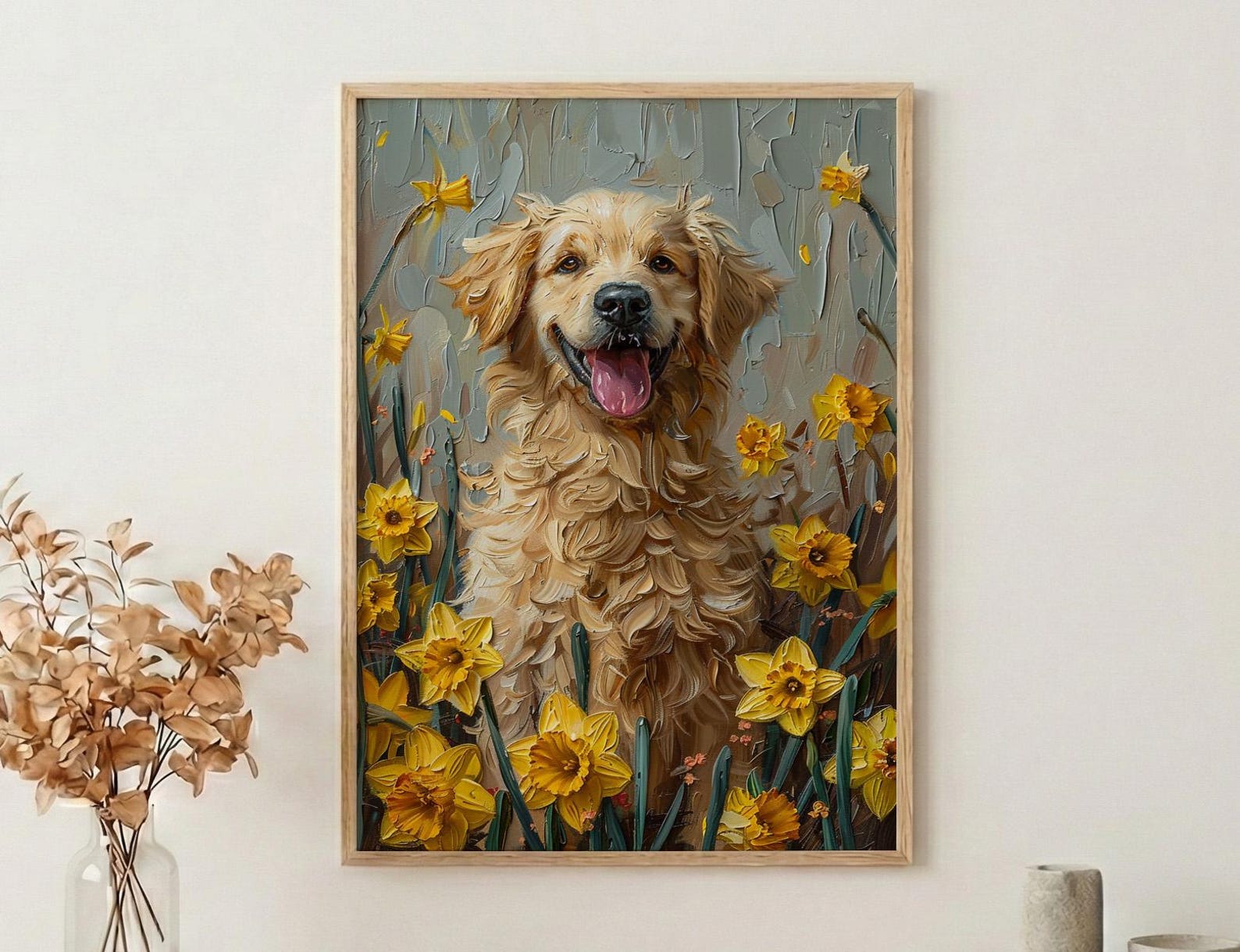 Puppy Daffodil Nursery Art Print, Spring Golden Retriever - Baby Shower Gift