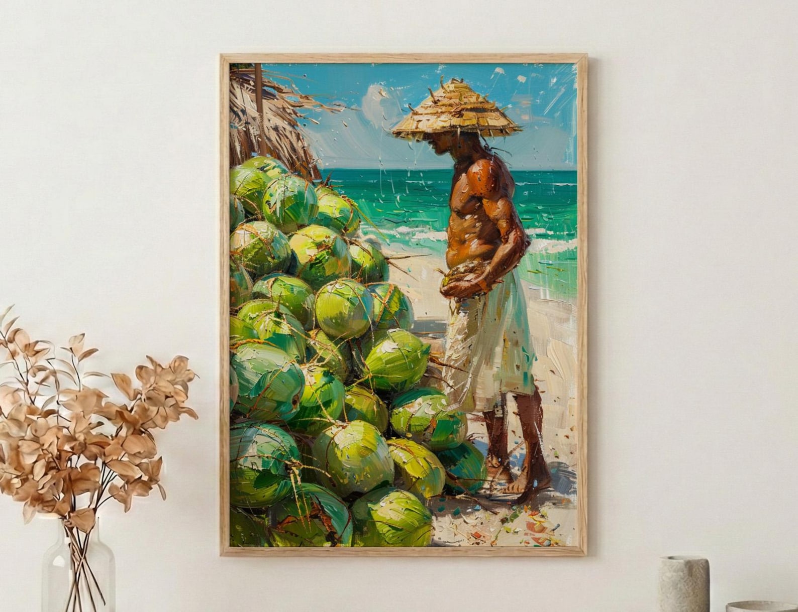 Ipanema Beach Brazil Oil Painting Poster, Coconut Vendor Art Print, Rio De Janeiro Wall Art, Tropical Summer Decor, Impasto Green Fruit
