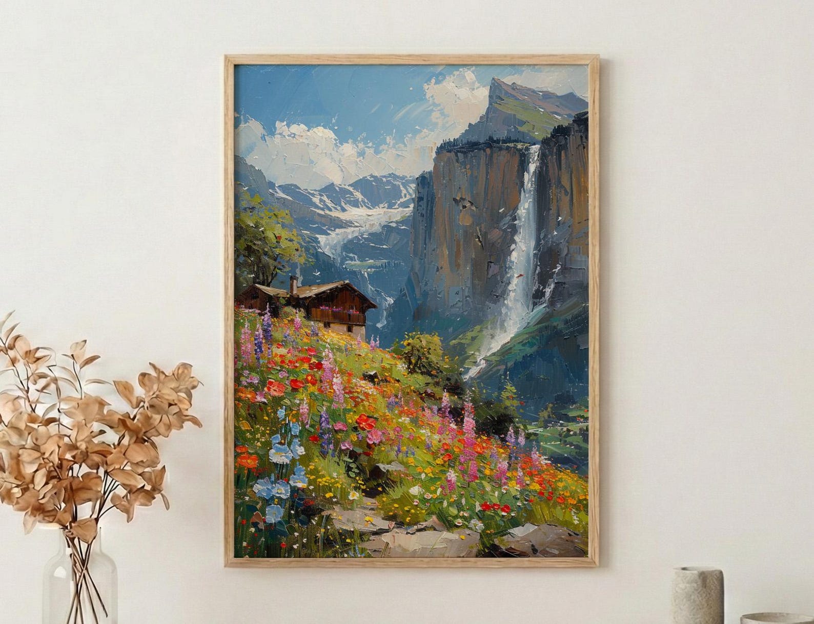 Lauterbrunnen Valley Wall Decor, Alpine Waterfall Print - Textured Impasto Oil Painting