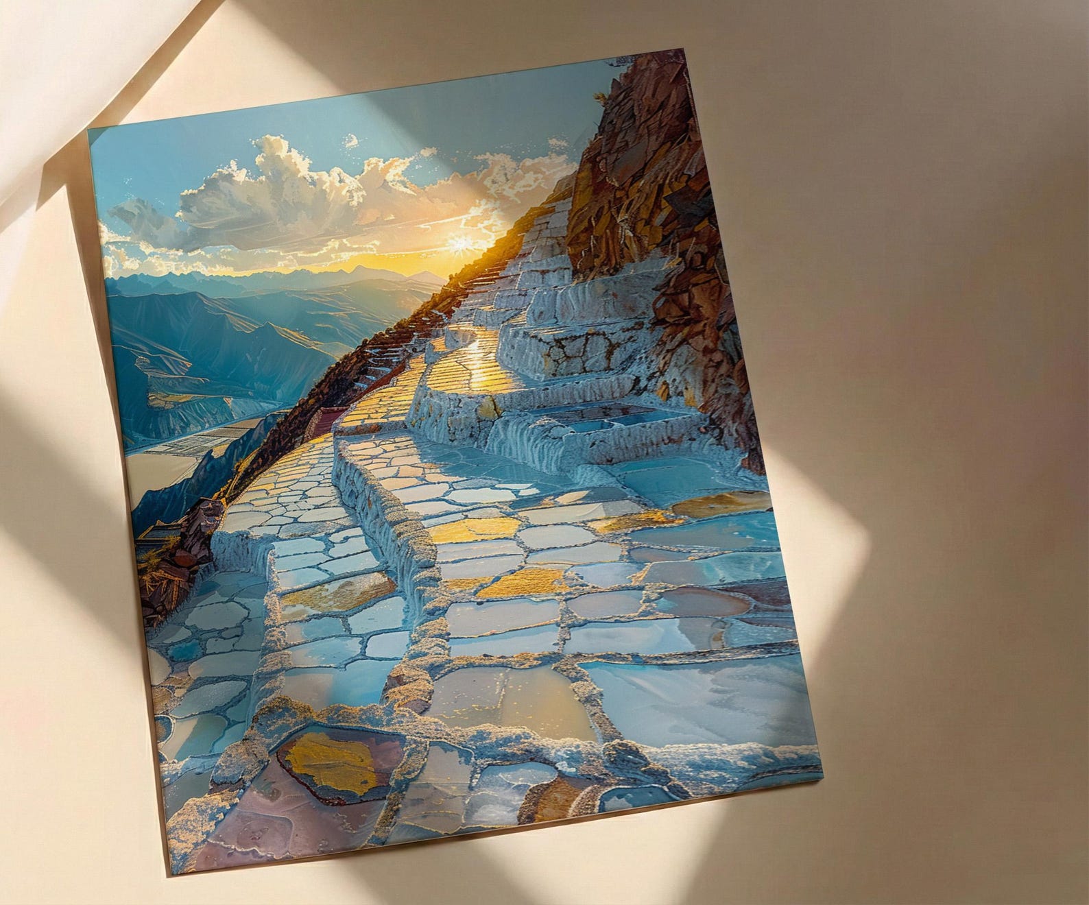 Maras Salt Mine Art Print, Peru Mountain Decor - White Terraced Pond Summer Sun — view 2