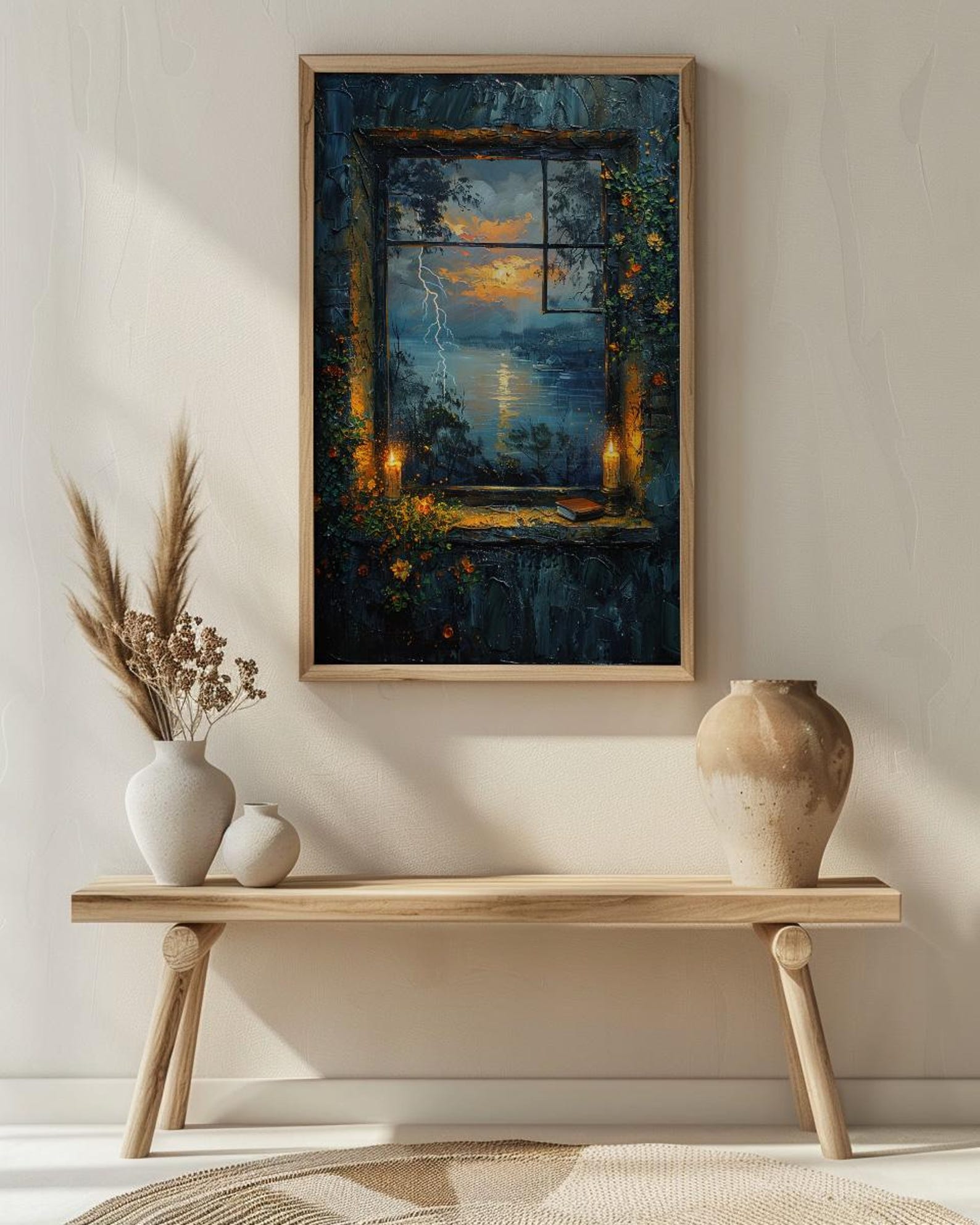 Gothic Art Print, Stormy Window Poster, Castle Wall Art, Burning Candles Decor, Dark Academia Romance Painting — view 5
